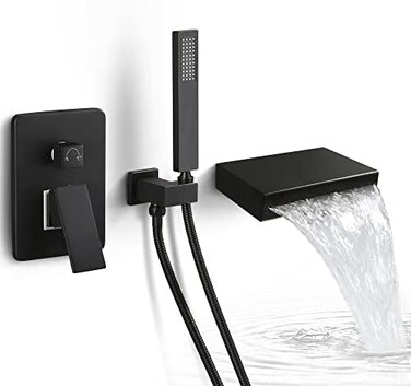 صنبور حوض استحمام SKOWLL Dr Faucet Waterfall، صنبور حوض استحمام مثبت على الحائط، صنبور حمام بمقبض واحد مع بخاخ، أسود مطفي