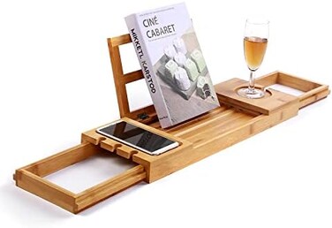 Utoplike Unique Bamboo Bathtub Tray Wooden Bath Caddy Tray with Extending Arms,Spa Relaxing Bath Organizer Tray Holds Books/Tablets/Cell Phone/Towels/Foods
