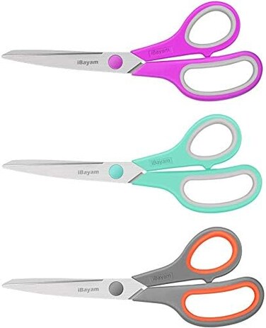 iBayam Scissors, 8" Multipurpose Scissors Bulk 3-Pack, Ultra Sharp Blade Shears, Comfort-Grip Handles, Sturdy Sharp Scissors for Office Home School Sewing Fabric Craft Supplies, Fit Both Right/Left Ha