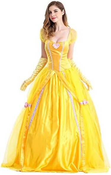 Qubskry Princess Beauty Costume for Women, Girl Princess Belle Dress up Ball Gown, Halloween Costume Adult