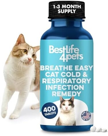 علاج BestLife4Pets لنزلات البرد والتهابات الجهاز التنفسي للقطط - تنفس بسهولة، راحة طبيعية لسيلان الأنف والعطس والسعال واحتقان الأنف والربو لدى قطتك - 400 حبة عديمة الرائحة والطعم