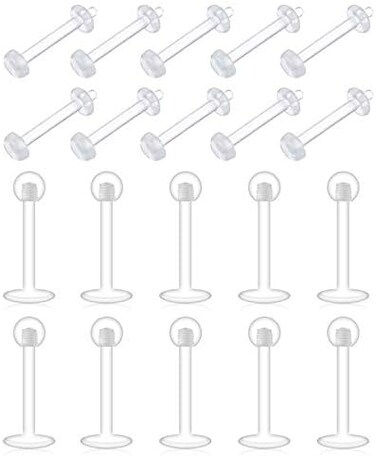 D.Bella Clear Cartilage Earring-20pcs 16G Clear Acrylic Bioflex Tragus Retainer Lip Rings Nose Studs Labret Monroe Ear Helix Earring Clear, Plastic,