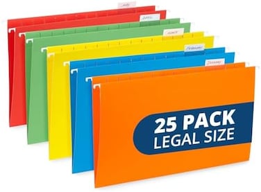 Blue Summit Supplies Legal Hanging File Folders, 25 Reinforced Hang Folders, Legal Size, Designed for Home and Office Color Coded File Organization, Assorted Colors, 25 Pack