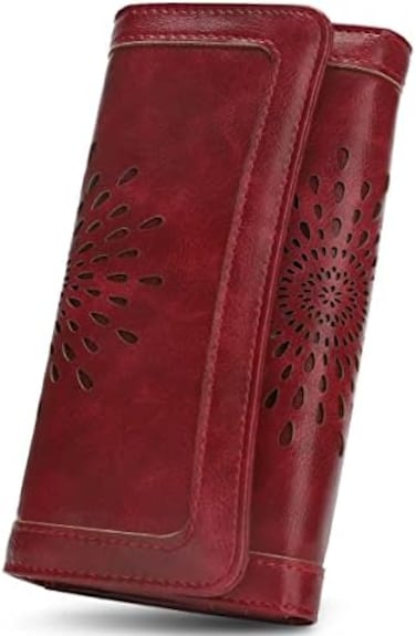 APHISON Ladies Soft PU Leather Long Wallet Trifold Clutch Purse Credit Card Holder Case for Women With Gift Box 2214 (RED