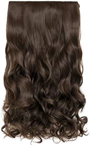 REECHO 20" 1-pack 3/4 Full Head Curly Wave Clips in on Synthetic Hair Extensions Hair pieces for Women 5 Clips 4.5 Oz Per Piece - Dark Chocolate Brown