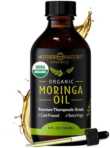 Mother Nature Organics Superfoods for Organic Living (120ml- USDA Organic Moringa Oil -, Cold-Pressed, Unrefined, non-GMO - 120ml Glass Bottle with Dropper - For Face, Body, and Hair - Food Grade for