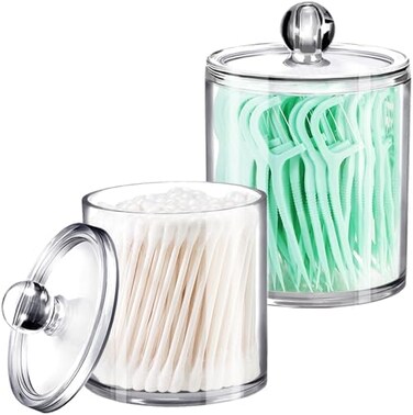 SheeChung Qtip Dispenser Holder Bathroom Vanity Organizer Apothecary Jars Canister Set for Cotton Ball,Cotton Swab,Q-tips,Cotton Rounds,Bath Salts,Premium Quality Plastic Acrylic Black3 Pack,12 Oz.