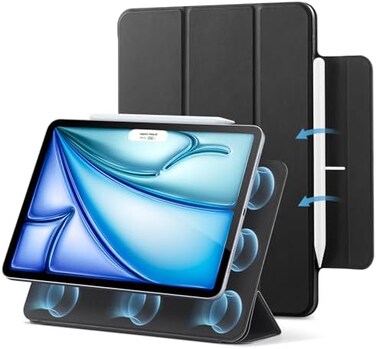 جراب ESR لجهاز iPad Air مقاس 11 بوصة، طراز M3/M2، متوافق مع الجيل السابع/السادس/الخامس/الرابع (2025/2024/2022/2020)، يتميز بتركيب مغناطيسي قوي، وحامل ثلاثي الطيات رفيع، ويدعم قلم Apple Pencil Pro (USB