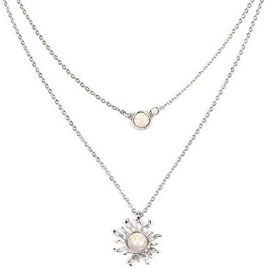 COLORFUL BLING Double Chains Moon and Sun Layered Choker Necklace Sunflower Opal Pendant Necklace Gift for Women