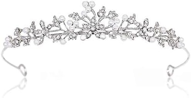 JER Fashion Flower Leaf Faux Pearl Rhinestone Crystal Bridal Tiara Crown Princess Headband For Wedding Prom Silver