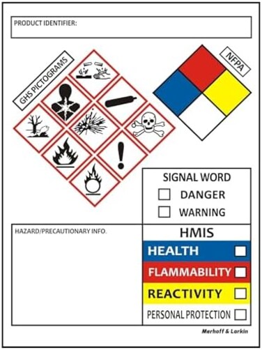 Merhoff &amp; Larkin MerhoffLarkin SDS OSHA Labels for Chemical Safety Data 4 x 3 InchesRoll of 250 MSDS Stickers with GHS Pictograms and Perforated Edges for Easy SeparatingHMIS Hazard Compliant