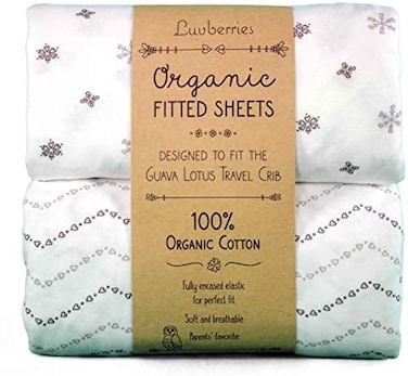 Luvberries Guava Lotus Travel Crib Sheets (Set of 2- 100% Organic Cotton Crib Sheets, Baby and Toddler, Fitted Crib Sheets, for BoysGirls (for The New 4 TAB Mattress ONLY