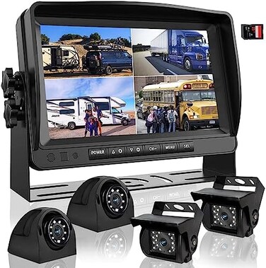 DOUXURY RV Backup Camera System with 9'' Quad Split 1080P Monitor for Truck Trailer Semi Camper Bus4 AHD Rear Side View Camera with DVR Record Function IP69 Waterproof Night Vision Avoid Blind Spot