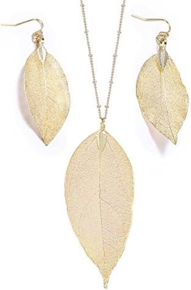 BOUTIQUELOVIN Filigree Long Leaf Pendant Dangle Necklace and Earring Jewelry Set Fashion for Women