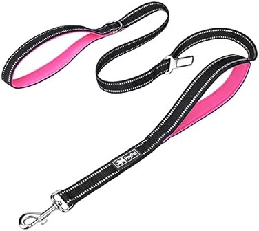 PoyPet 5 Feet Heavy Duty Dog Leash - Car Seat Belt - 2 Handles -Padded Traffic Grip for Extra Control(Pink