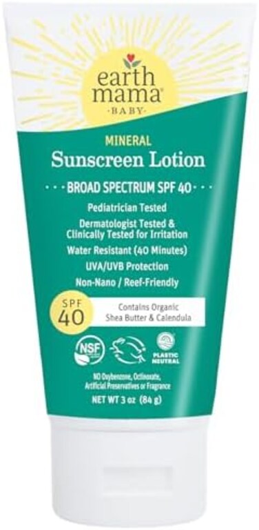 Earth Mama Baby Mineral Sunscreen Lotion SPF 40Reef Safe, Non-Nano Zinc, Natural Water Resistant Sun Cream for Babies, KidsAdults, 3-Ounce