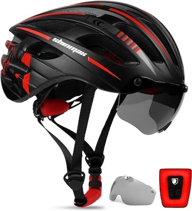 Shinmax Fahrradhelm Mit Visier UV-Schutz, Herren Damen Mit USB Licht Leuchtaufkleber, F&uuml;r Erwachsene Leichter Einstellbar MTB Stra&szlig;e Rennradhelm