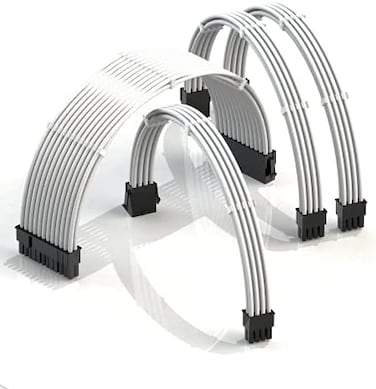 LINKUP - PSU Cable Extension Sleeved Custom Mod GPU PC Power Supply Braided w/Comb Kit1x 24 P (2041x 8 P (44CPU2x 8 P (62GPU set30CM 300MM - White