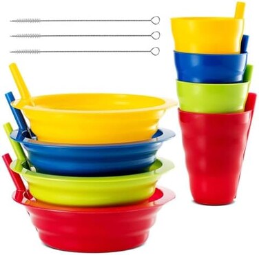 Plaskidy Cereal Bowls with Straws and Kids Straw Cups - Set of 4 Bowls with Straws for Kids, and 4 Straw Cups for Kids BPA Free Dishwasher Safe Great for Kids and Toddlers