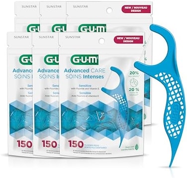 GUM - 888JC خيوط تنظيف الأسنان للعناية المتقدمة، بنكهة النعناع المنعش، مع فيتامين E والفلورايد، 150 خيط (عبوة من 4 قطع)
