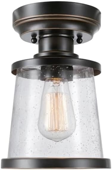 Globe Electric 44301 Charlie 1-Light Outdoor/Indoor Semi-Flush Mount Ceiling Light, Oil Rubbed Bronze, Clear Seeded Glass Shade, Bulb Not Included
