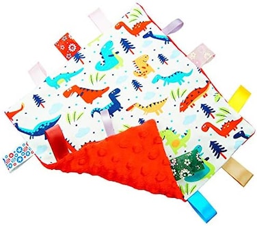 G-Tree Baby Comfort Blanket with Tag, Taggy Blanket - Multi-Coloured Dinosaurs Tag, Taggy Blanket - Red Textured Underside