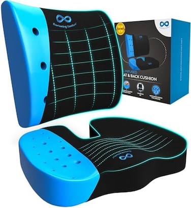 Everlasting Comfort Memory Foam Seat Cushion and Lumbar Support Pillow Combo - Gel Infused and Ventilated Office Desk Chair and Car Tailbone, Coccyx, Sciatica, Back Pain Relief Orthopedic Pad (Black
