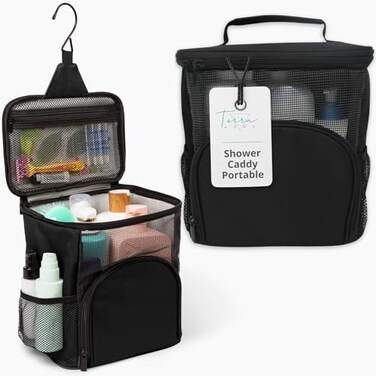 TERRA HOME Portable Shower Caddy Dorm - Foldable Mesh Tote - Dorm Room Essentials - Durable Hanging Travel Bag - Perfect for College Students, Men, Women (Black