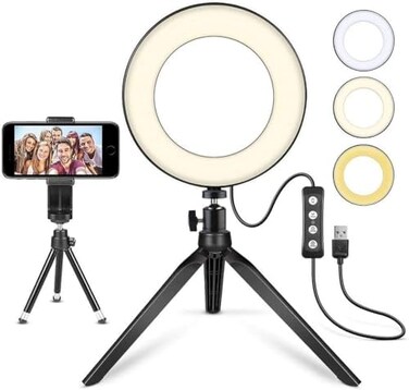MACTREM LED Ring Light 6" with Tripod Stand for YouTube Video and Makeup, Mini LED Camera Light with Cell Phone Holder Desktop LED Lamp with 3 Light Modes11 Brightness Level (6