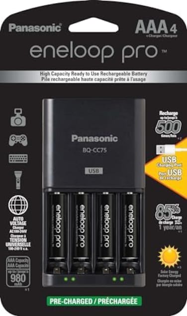 Eneloop Panasonic K-KJ75K3A4BA Advanced Battery Charger with USB Charging Port and 4AAA pro High Capacity Rechargeable Batteries