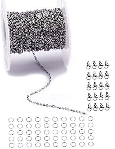 Tiparts 10m Stainless Steel Flat Cross Chains Link Spool Bulk with 20 Lobster Clasps and 50 Jump Rings for Pendant Necklace Jewellery DIY Making (Chain Width 1.5mm20pcs Clasps50 Rings, Silver