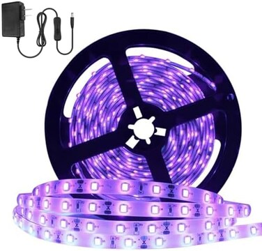 شريط إضاءة LED بالأشعة فوق البنفسجية من YGS-Tech بقوة 24 واط، بطول 5 أمتار (16.4 قدم)، 3528، 300 مصباح LED، نطاق 395-405 نانومتر، غير مقاوم للماء، مناسب للصيد الليلي والحفلات، مزود بمصدر طاقة 12 فولت