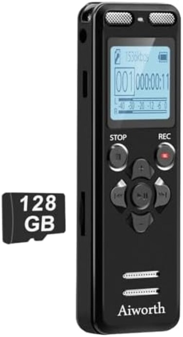 Aiworth 16GB Digital Voice Activated Recorder for Lectures - 1160 Hours Sound Audio Recording Device With Playback, MP3 Player, Password, Variable Speed