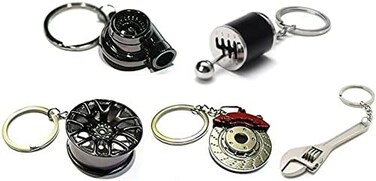 GT//Rotors Five Piece Auto Parts Keychains - Turbo, Six Speed Manual Gearbox Stick Shift, Wheel, Red Brake Rotor, Mini Wrench