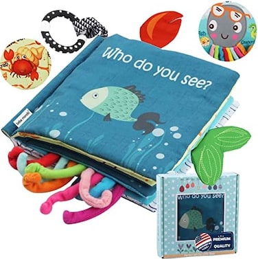 Bebe Mondo Sea Animal Non-Toxic Fabric Cloth Book with Tails (Fishy TailsShark Tails, Soft Activity, Crinkle Books and Toys for Early Education for Babies, Infants, Toddlers and Kids with Teether