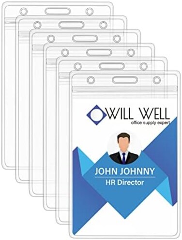 Will Well 6 Pcs Extra Thick ID Card Badge Holder, Vertical Clear PVC Card Holder with Waterproof Resealable Zip Type