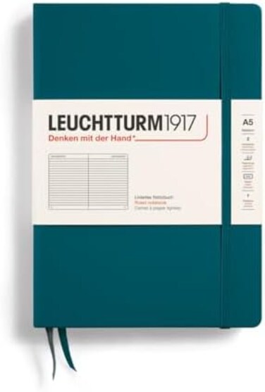 دفتر ملاحظات Leuchtturm1917 متوسط ​​الحجم A5، غلاف مقوى، 251 صفحة مرقمة (أخضر المحيط الهادئ، مسطر)