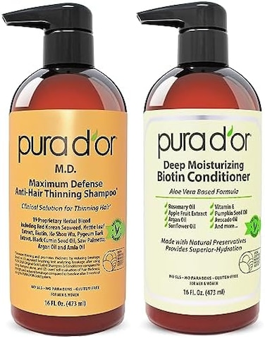 PURA D'OR MD Anti-Thinning Biotin ShampooConditioner Set (16oz x2Maximum Defense Coal-Tar Strong Scented Hebal Blend Hair Thickening Products For WomenMen, Daily Shampoo For Scalp Health