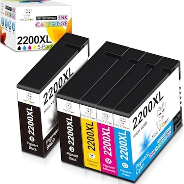 خراطيش حبر صبغي متوافقة مع طابعات Miss Deer PGI-2200XL، تعمل مع طابعات Maxify MB5320 وMB5120 وMB5020 وiB4120 وiB4020 (عبوة من 5 خراطيش: 2 أسود صبغي، 1 سماوي، 1 أرجواني، 1 أصفر)