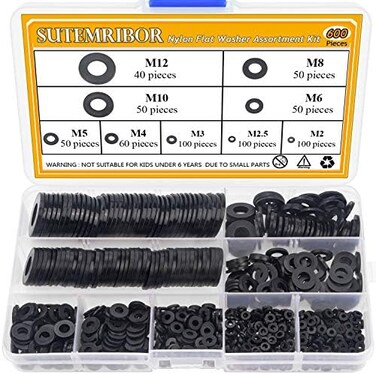 Sutemribor Nylon Flat Washer Assortment Set 600 pcs, 9 Sizes - M2 M2.5 M3 M4 M5 M6 M8 M10 M12, Black