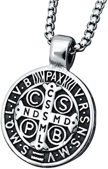 enhong Men's St Benedict Exorcism Pendant Necklace Stainless Steel Catholic Roman Cross Demon Protection Ghost Hunter Silver