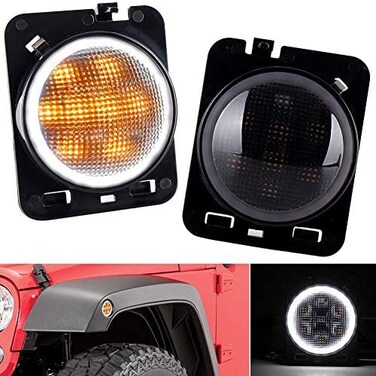 مصابيح تحديد جانبية LED بيضاء، مصابيح نهارية LED صفراء، مصابيح إشارة انعطاف LED، مصابيح إشارة رفرف، مصابيح ركن، متوافقة مع سيارات جيب رانجلر JK وJKU موديلات 2007-2017