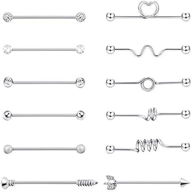 Masedy 12Pcs 14G 316L Stainless Steel Industrial Barbell Earrings for Women Men Cartilage Helix Piercing