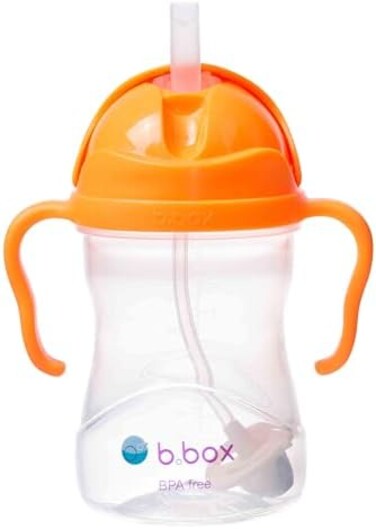 b.box Sippy Cup with Innovative Continuous Flow Weighted Straw Cup, Baby Straw Cup, Drink from Any Angle, Easy-Grip Handles, 8oz, 6 Months, Orange Zing