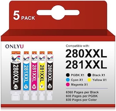 خراطيش حبر متوافقة من ONLYU لطابعات كانون 280 و281، بديلة لـ PGI-280XXL وCLI-281XXL، متوافقة مع طابعات PIXMA TR7520 وTR8520 وTS6120 وTS6220 وTS8220 وTS9120 وTS9520 وTS9521C (عبوة من 5 خراطيش).