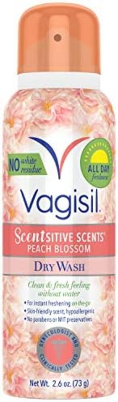 Vagisil Scentsitive Scents Dry Wash Deodorant Spray for On The Go Feminine Hygiene, Peach Blossom, 2.6 Ounce