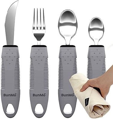 BunMo Utensils for Elderly, Arthritis, Weak Hand GripHandicapped - Convenient Travel Pouch - for Tremors and Parkinsons Patients - Stainless Steel - Eat Independently - Adaptive Gray 4 Piece Set