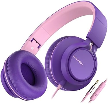 AILIHEN C8 Girls Headphones, On-Ear Headphones Wired with Microphone and Volume Control Foldable Corded Stereo 3.5mm Headset for Girls School Chromebook Laptop Computer PC Tablets Travel (Purple Pink
