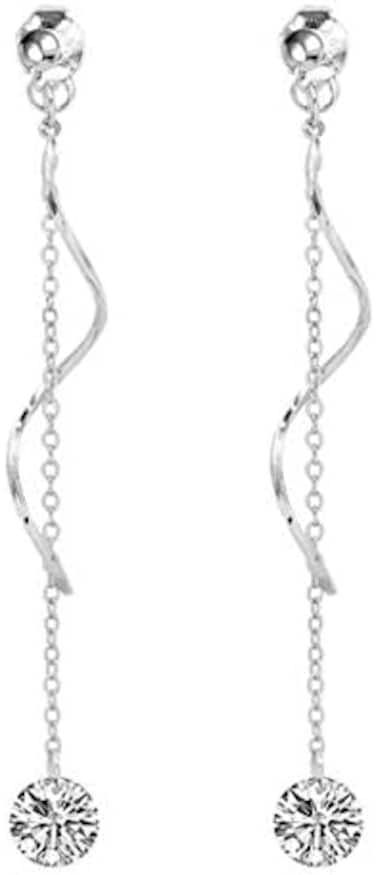 SLUYNZ 925 Sterling Silver CZ Droplet Dangle Earrings Chain for Women Teen Girls Long Dangle Earrings Curved Tassel