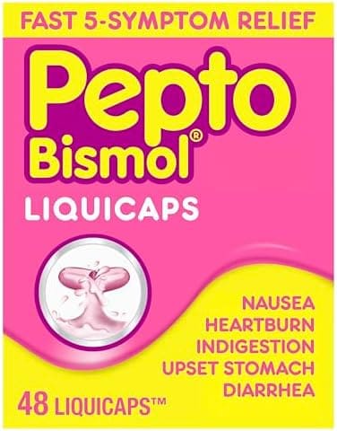 Pepto Bismol Liquicaps, Upset Stomach Relief, Bismuth Subsalicylate, Multi-Symptom Relief of Gas, Nausea, Heartburn, Indigestion, Upset Stomach, Diarrhea, 48 Liquicaps
